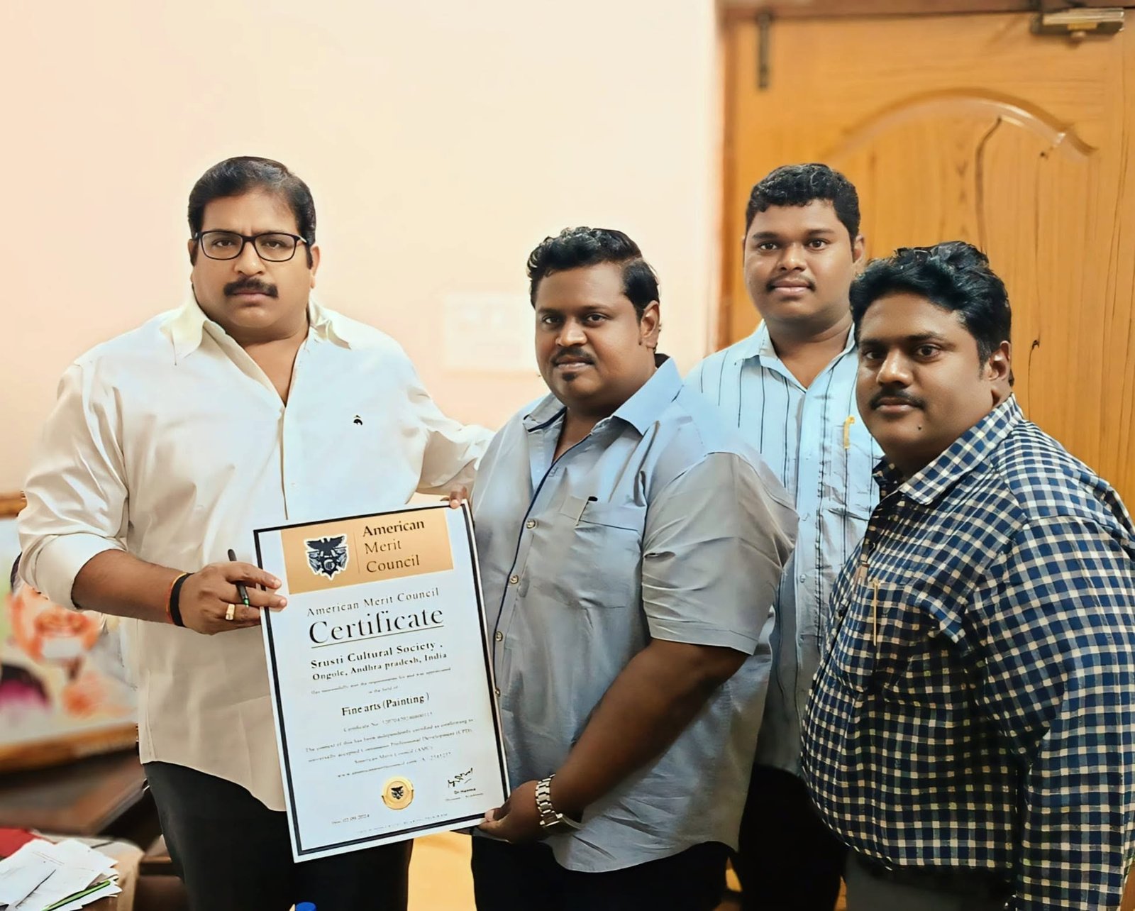A Srusti Cultural Society Receives Prestigious American Merit Council Certification in Fine Arts (Painting) by Ongole M.L.A Damacharla Janardan garu
